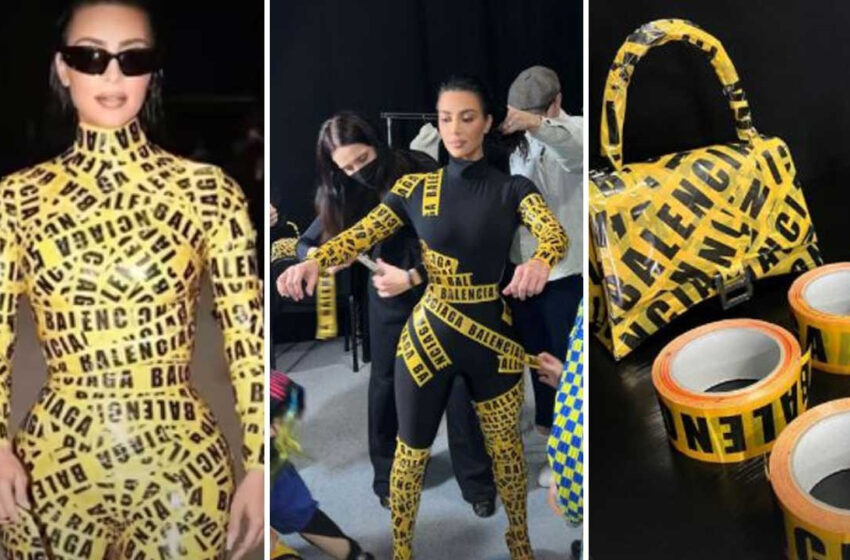 Kim Kardashian, Balenciaga defilesi için tüm vücudunu koli bandıyla bantlattı